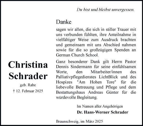 Traueranzeige von Christina Schrader 