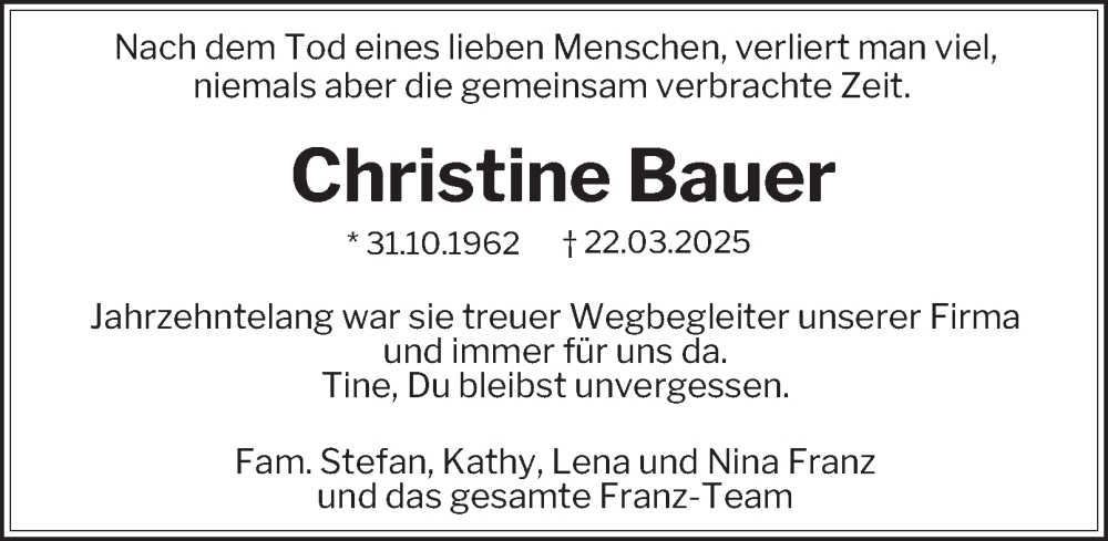  Traueranzeige für Christine Bauer vom 29.03.2025 aus 