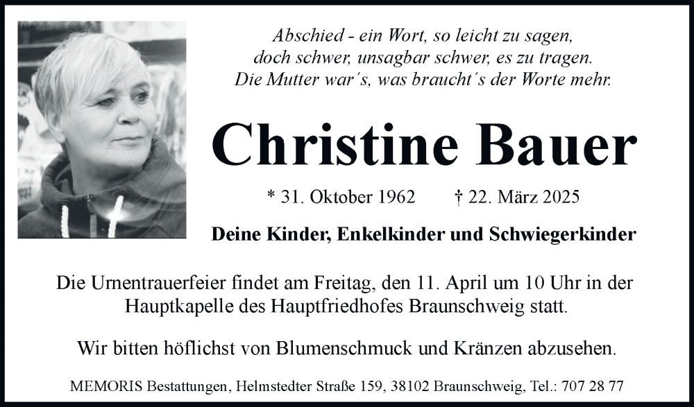  Traueranzeige für Christine Bauer vom 29.03.2025 aus 