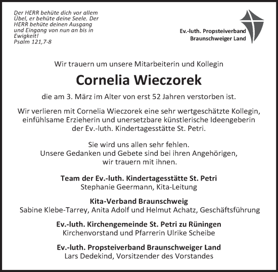 Traueranzeige von Cornelia Wieczorek 