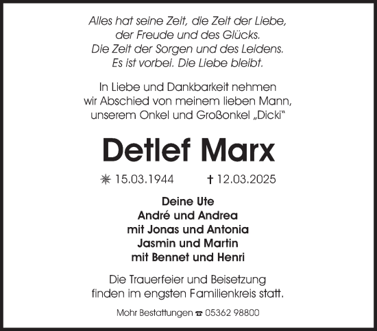Traueranzeige von Detlef Marx 