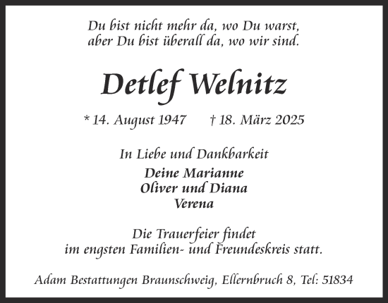 Traueranzeige von Detlef Welnitz 