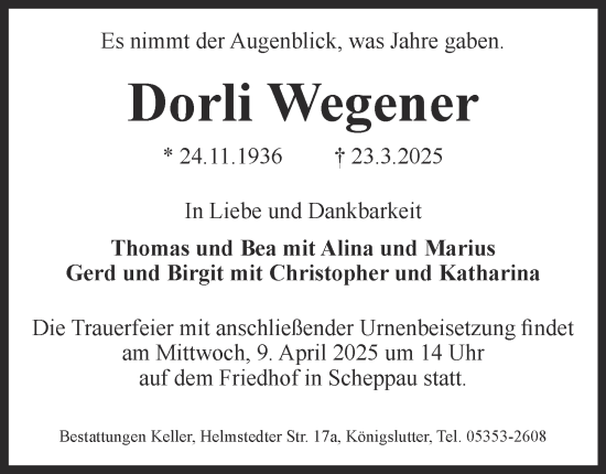 Traueranzeige von Dorli Wegener von Helmstedter Nachrichten