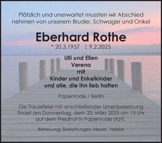 Traueranzeige von Eberhard Rothe von Helmstedter Nachrichten