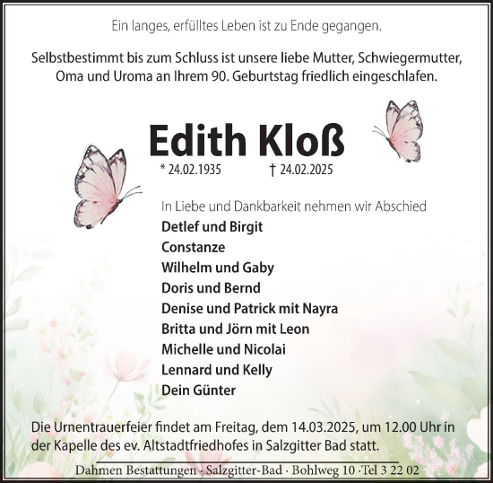 Traueranzeige von Edith Kloß von Salzgitter-Zeitung