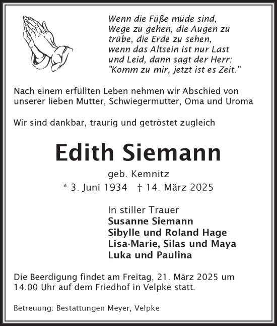Traueranzeige von Edith Siemann von Helmstedter Nachrichten