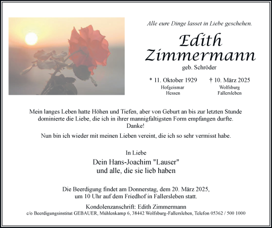Traueranzeige von Edith Zimmermann 
