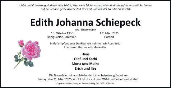 Traueranzeige von Edith Johanna Schiepeck 
