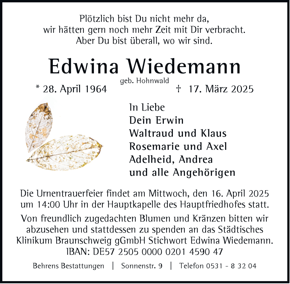  Traueranzeige für Edwina Wiedemann vom 25.03.2025 aus 