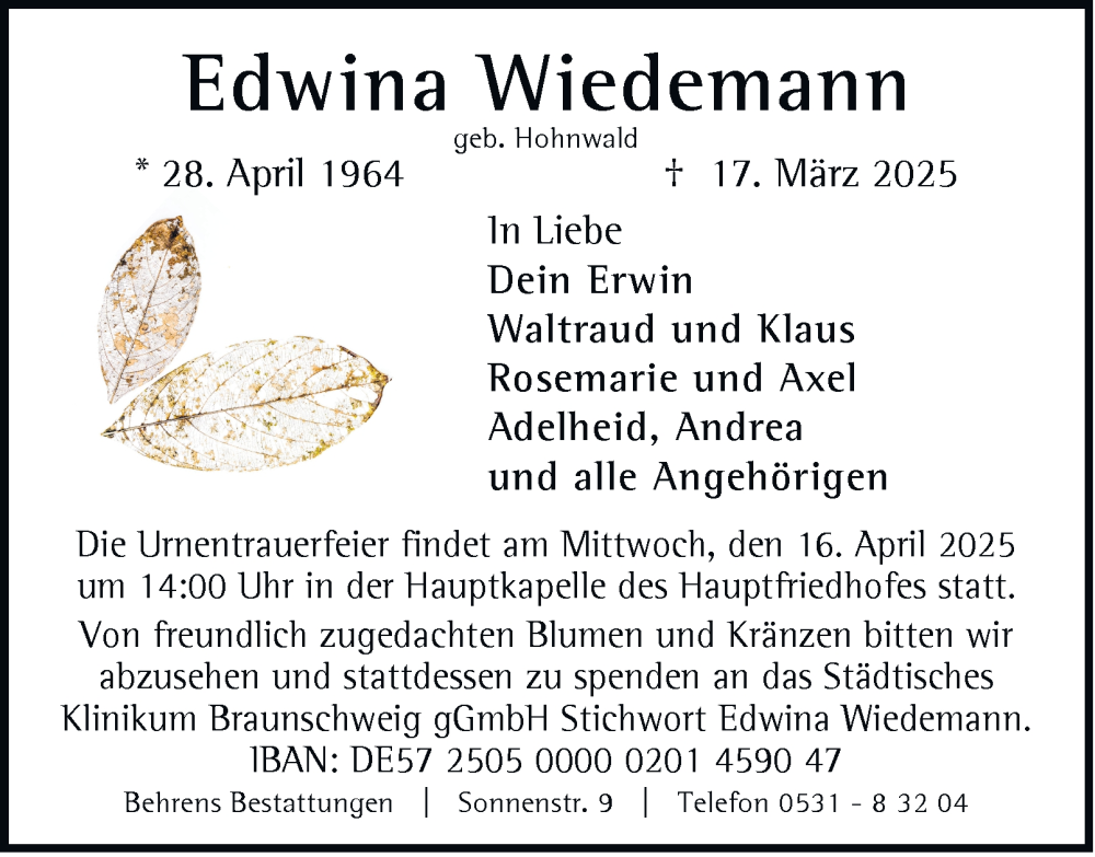  Traueranzeige für Edwina Wiedemann vom 25.03.2025 aus 