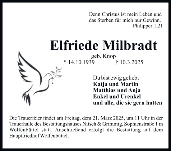 Traueranzeige von Elfriede Milbradt von Wolfenbütteler Zeitung