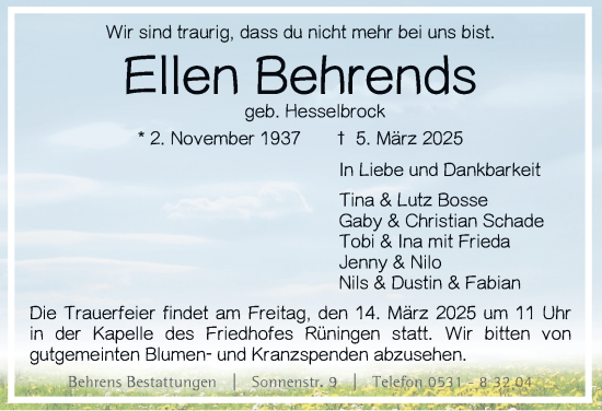 Traueranzeige von Ellen Behrends 