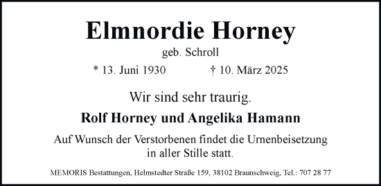 Traueranzeige von Elmnordie Horney 