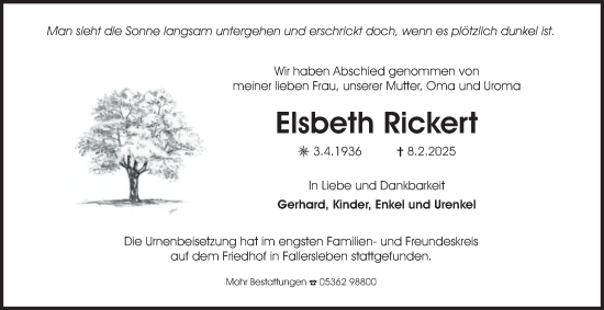 Traueranzeige von Elsbeth Rickert von Braunschweiger Zeitung, Wolfsburger Nachrichten