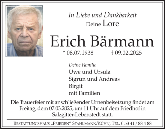 Traueranzeige von Erich Bärmann von Salzgitter-Zeitung