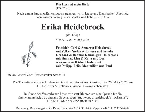 Traueranzeige von Erika Heidebroek von Helmstedter Nachrichten, Wolfenbütteler Zeitung