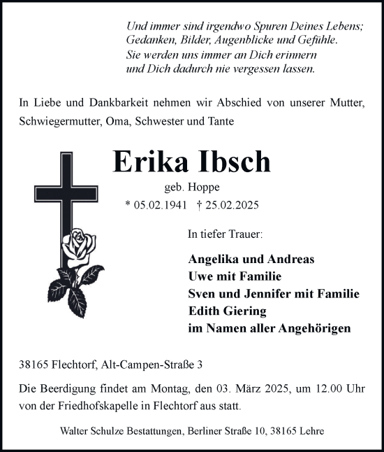 Traueranzeige von Erika Ibsch von Helmstedter Nachrichten