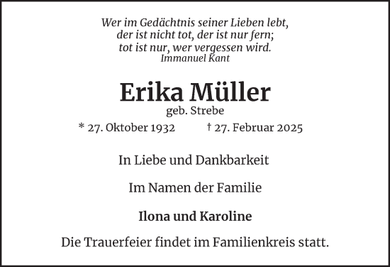Traueranzeige von Erika Müller von Helmstedter Nachrichten