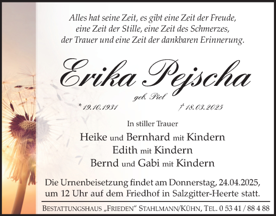 Traueranzeige von Erika Pejscha von Salzgitter-Zeitung