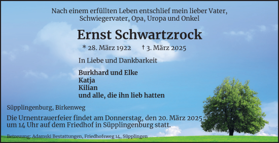 Traueranzeige von Ernst Schwartzrock 