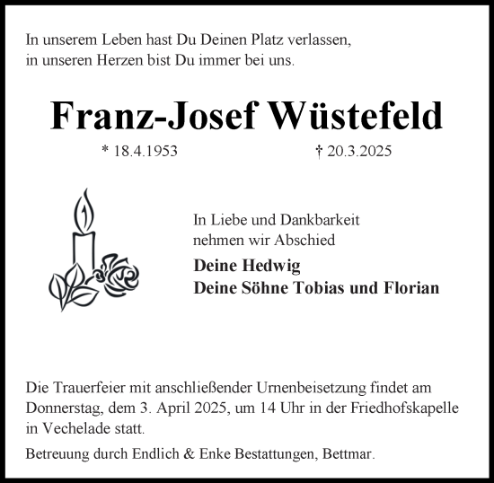 Traueranzeige von Franz-Josef Wüstefeld von Peiner Nachrichten