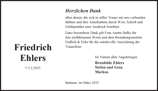 Traueranzeige von Friedrich Ehlers von Peiner Nachrichten