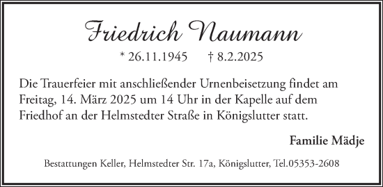 Traueranzeige von Friedrich Naumann von Helmstedter Nachrichten