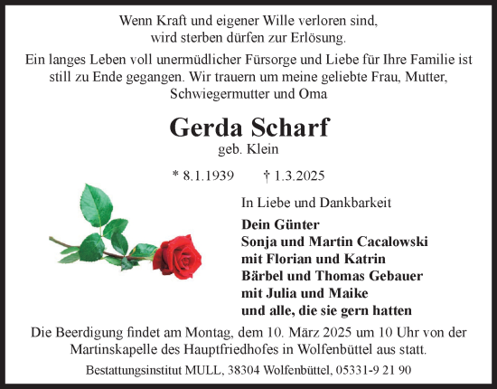 Traueranzeige von Gerda Scharf von Wolfenbütteler Zeitung