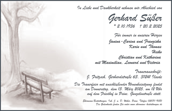 Traueranzeige von Gerhard Süßer 