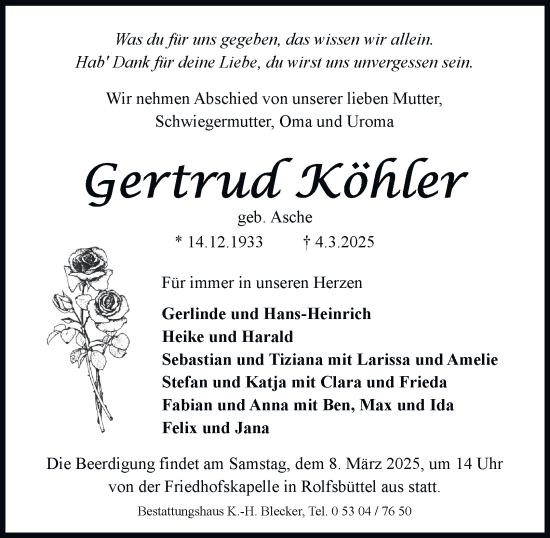 Traueranzeige von Gertrud Köhler 