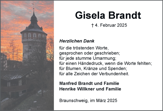 Traueranzeige von Gisela Brandt von Braunschweiger Zeitung