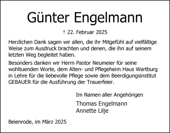 Traueranzeige von Günter Engelmann von Helmstedter Nachrichten