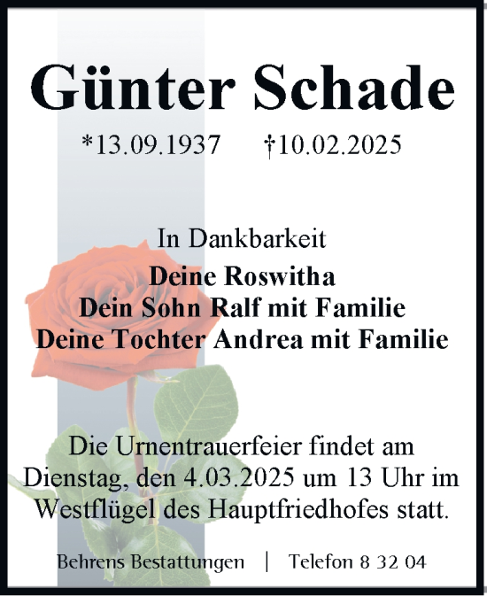 Traueranzeige von Günter Schade von Braunschweiger Zeitung