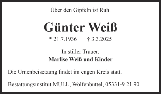 Traueranzeige von Günter Weiß 