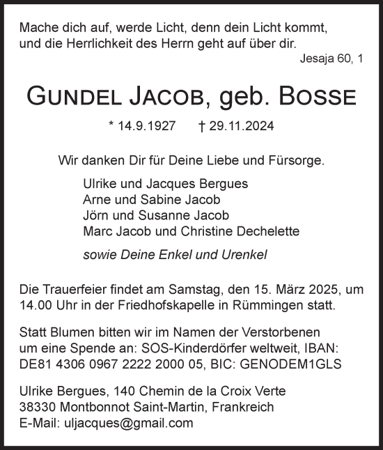 Traueranzeige von Gundel Jacob von Salzgitter-Zeitung