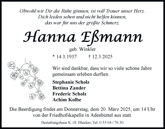 Traueranzeige von Hanna Eßmann 
