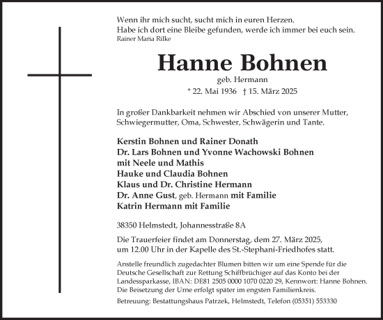 Traueranzeige von Hanne Bohnen 