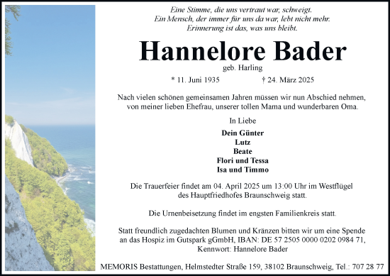 Traueranzeige von Hannelore Bader 