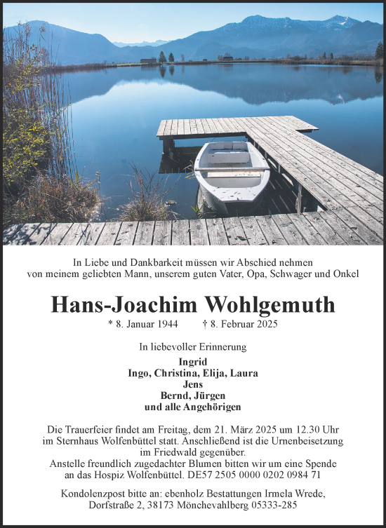 Traueranzeige von Hans-Joachim Wohlgemuth von Wolfenbütteler Zeitung