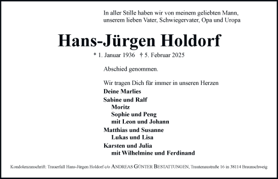 Traueranzeige von Hans-Jürgen Holdorf von Braunschweiger Zeitung