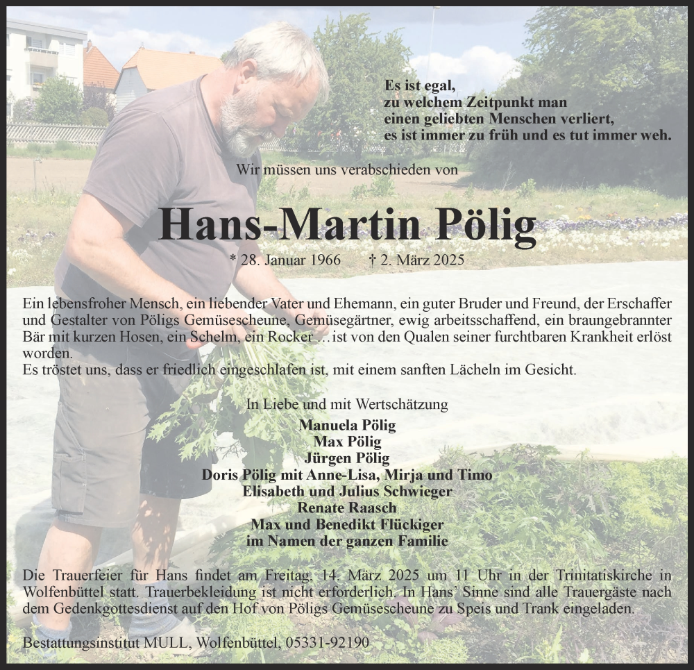  Traueranzeige für Hans-Martin Pölig vom 08.03.2025 aus Wolfenbütteler Zeitung