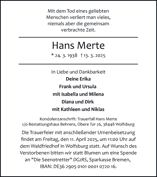 Traueranzeige von Hans Merte 