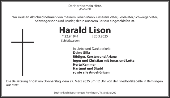 Traueranzeige von Harald Lison von Wolfenbütteler Zeitung