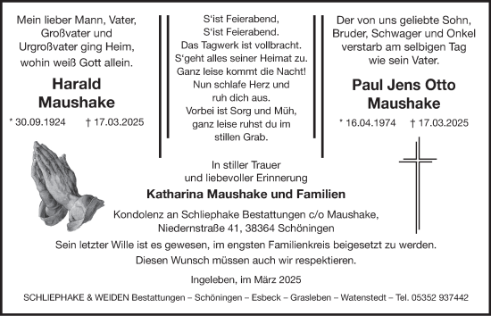 Traueranzeige von Harald und Paul Jens Otto Maushake 