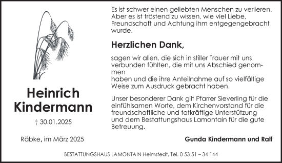 Traueranzeige von Heinrich Kindermann von Helmstedter Nachrichten