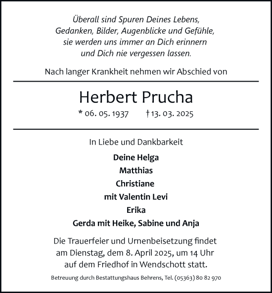 Traueranzeige von Herbert Prucha 
