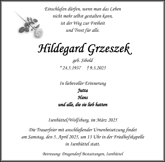 Traueranzeige von Hildegard Grzeszek 