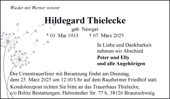 Traueranzeige von Hildegard Thielecke 