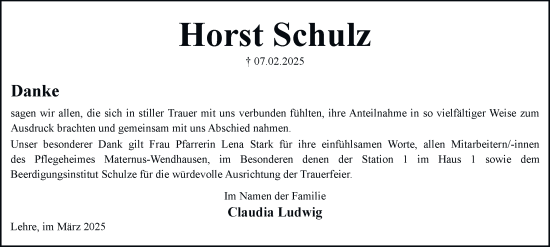Traueranzeige von Horst Schulz von Helmstedter Nachrichten