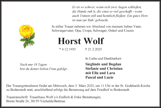 Traueranzeige von Horst Wolf von Peiner Nachrichten